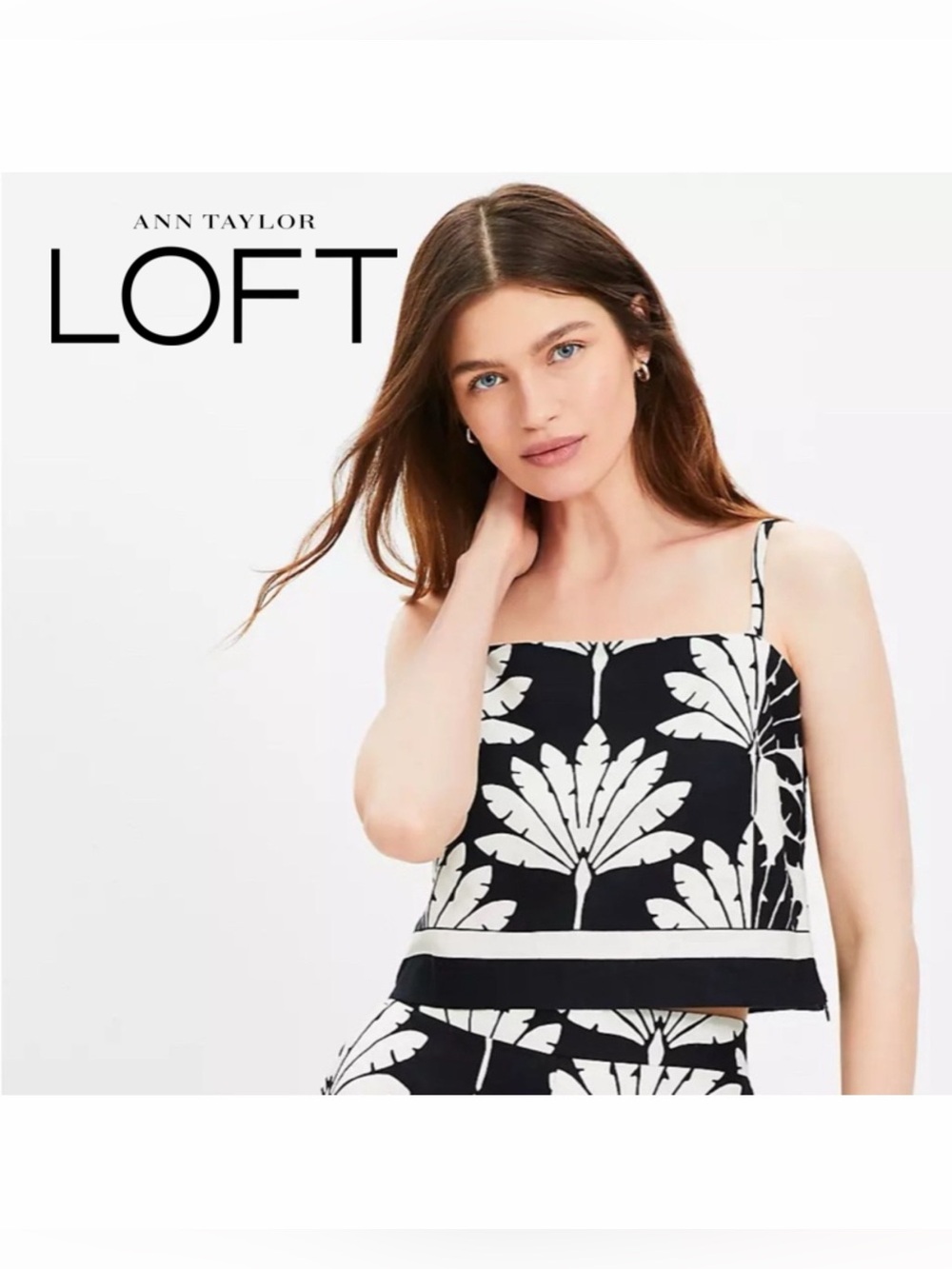 🆕 NWT LOFT Palm Linen Blend Cropped Cami in Cream and Black size 4